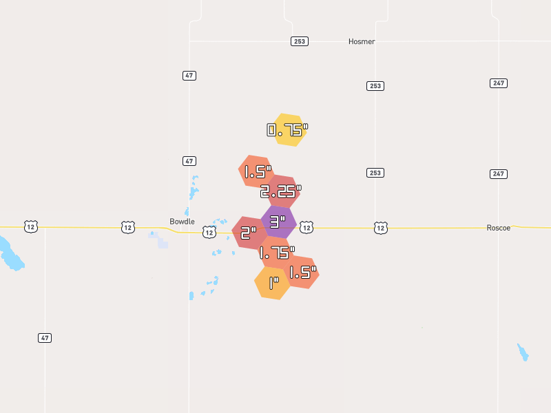 Hail map of Bowdle, SD on Jul 4, 2026, hail up to 3"