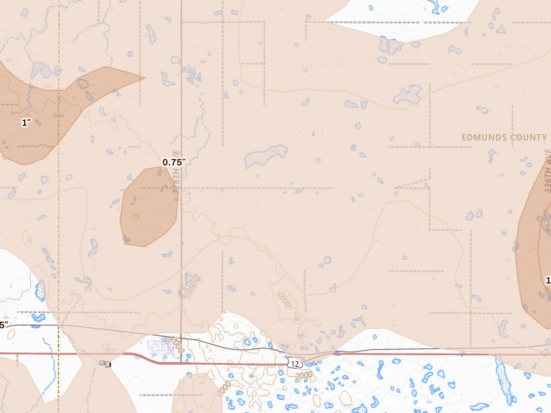 Radar-estimated hail-size map of the storm over Bowdle, SD on Jul 7, 2026