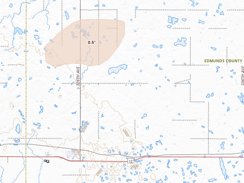 Radar-estimated hail-size map of the storm over Bowdle, SD on Jul 25, 2026