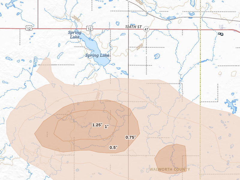 Radar-estimated hail-size map of the storm over Bowdle, SD on Aug 29, 2026