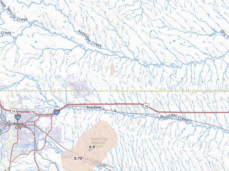 Radar-estimated hail-size map of the storm over Box Elder, SD on May 21, 2026