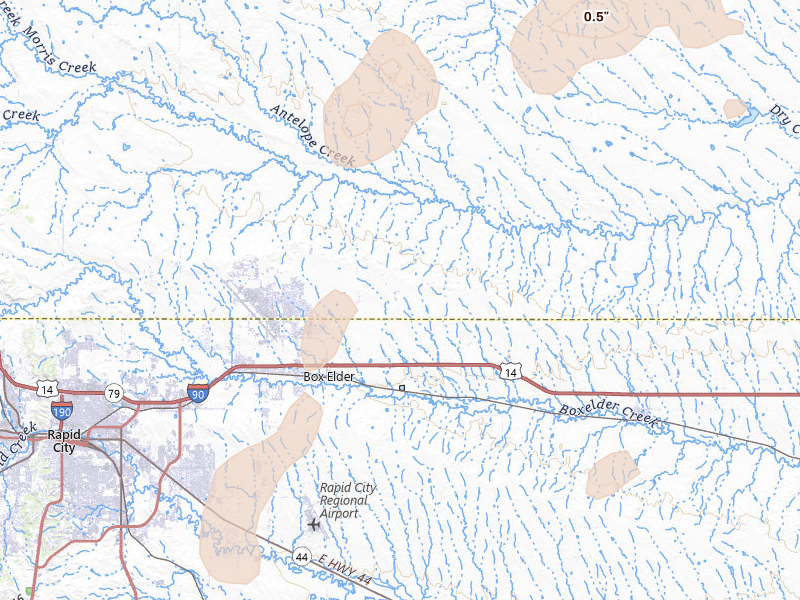 Radar-estimated hail-size map of the storm over Box Elder, SD on Jul 3, 2026