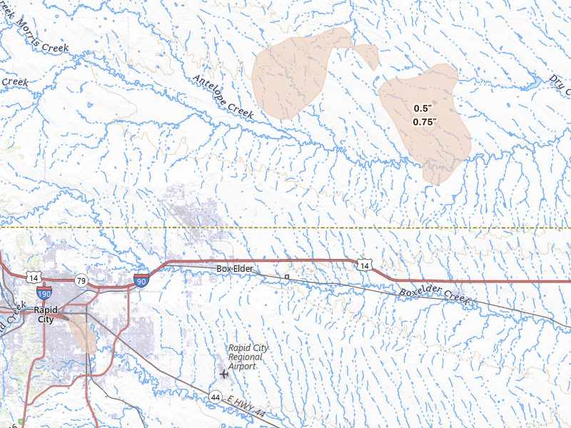 Radar-estimated hail-size map of the storm over Box Elder, SD on Jul 29, 2026