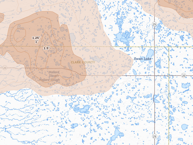 Radar-estimated hail-size map of the storm over Bradley, SD on Jul 7, 2026