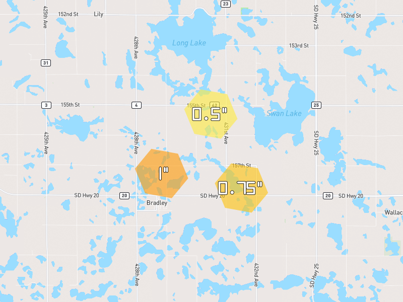 Hail map of Bradley, SD on Jul 8, 2026, hail up to 1"