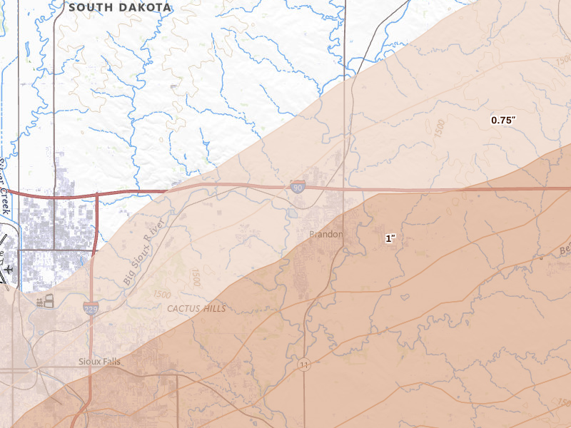 Radar-estimated hail-size map of the storm over Brandon, SD on May 17, 2026