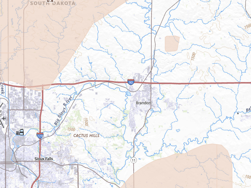 Radar-estimated hail-size map of the storm over Brandon, SD on Jul 2, 2026