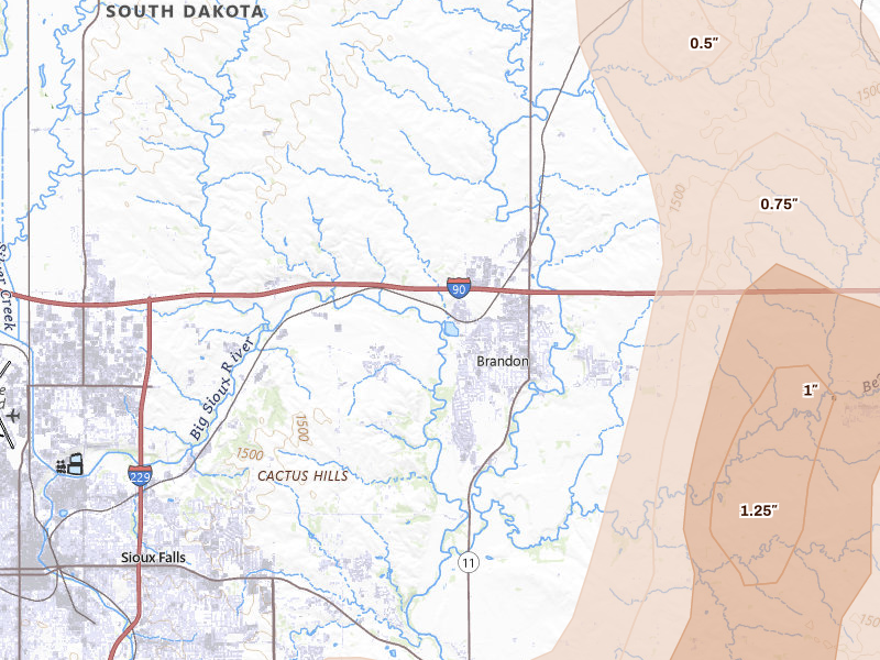 Radar-estimated hail-size map of the storm over Brandon, SD on Jul 4, 2026