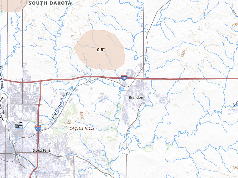 Radar-estimated hail-size map of the storm over Brandon, SD on Jul 25, 2026