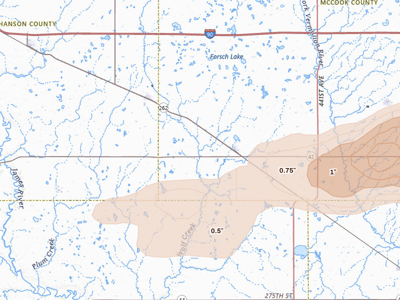 Radar-estimated hail-size map of the storm over Bridgewater, SD on May 24, 2026