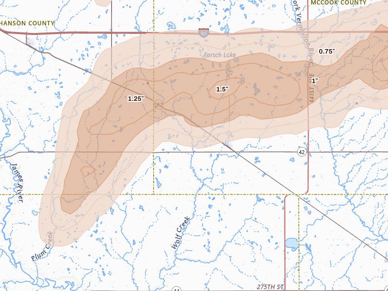 Radar-estimated hail-size map of the storm over Bridgewater, SD on May 31, 2026