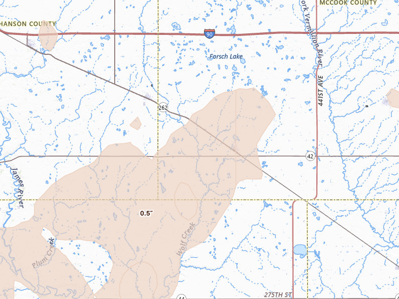 Radar-estimated hail-size map of the storm over Bridgewater, SD on Jun 27, 2026