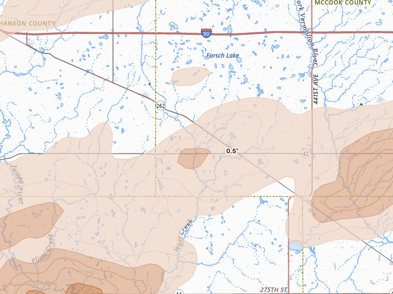 Radar-estimated hail-size map of the storm over Bridgewater, SD on Jul 2, 2026