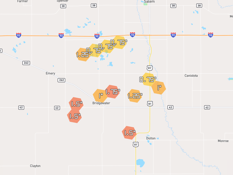 Hail map of Bridgewater, SD on Jul 3, 2026, hail up to 1.75"
