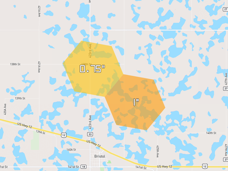 Hail map of Bristol, SD on Jul 2, 2026, hail up to 1"