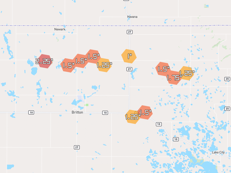 Hail map of Britton, SD on Jun 4, 2026, hail up to 2.25"