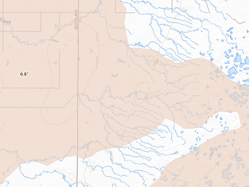 Radar-estimated hail-size map of the storm over Britton, SD on Jul 7, 2026
