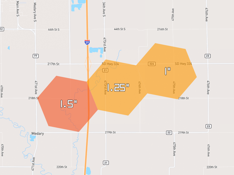 Hail map of Brookings, SD on Jun 4, 2026, hail up to 1.5"