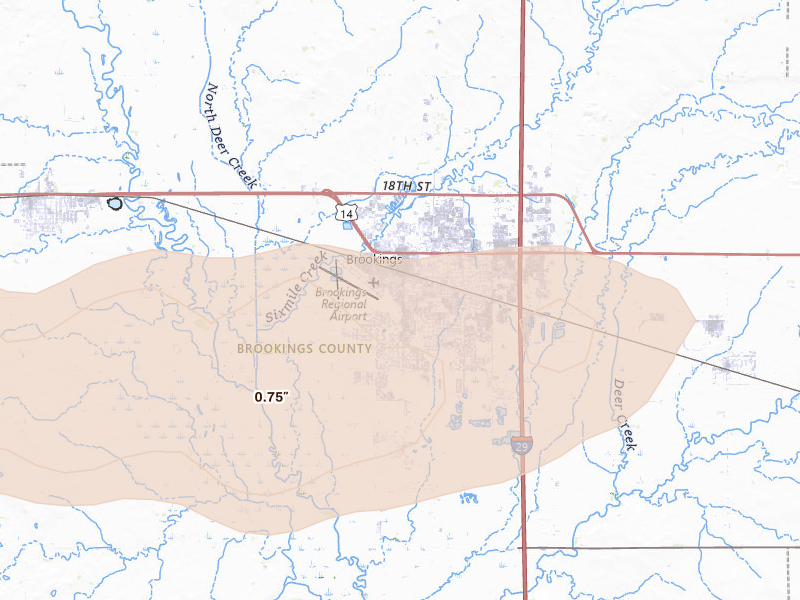 Radar-estimated hail-size map of the storm over Brookings, SD on Aug 6, 2026