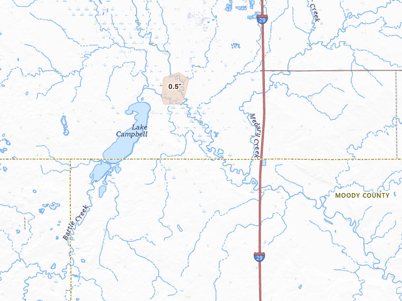 Radar-estimated hail-size map of the storm over Brookings, SD on Aug 28, 2026