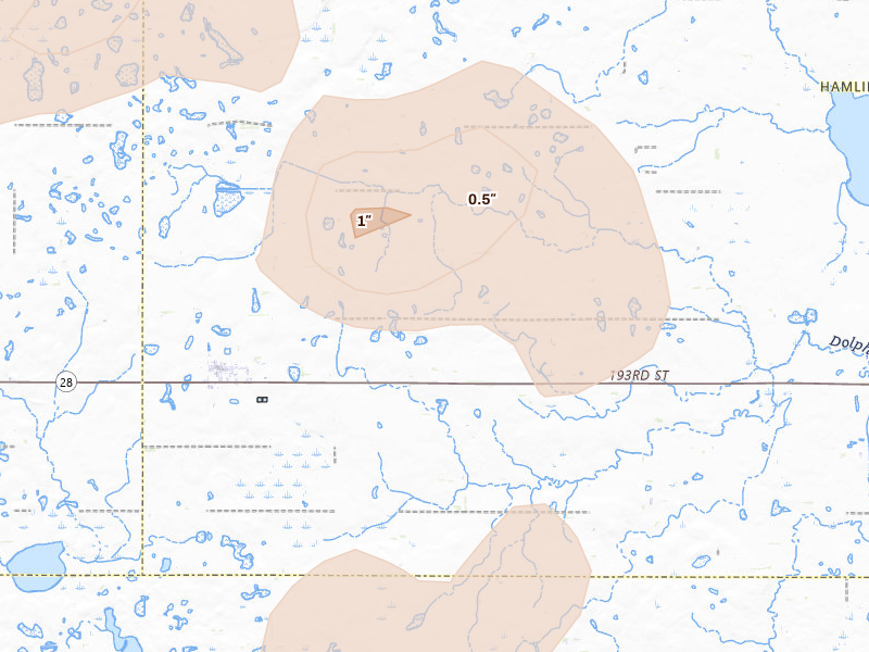 Radar-estimated hail-size map of the storm over Bryant, SD on Jun 4, 2026