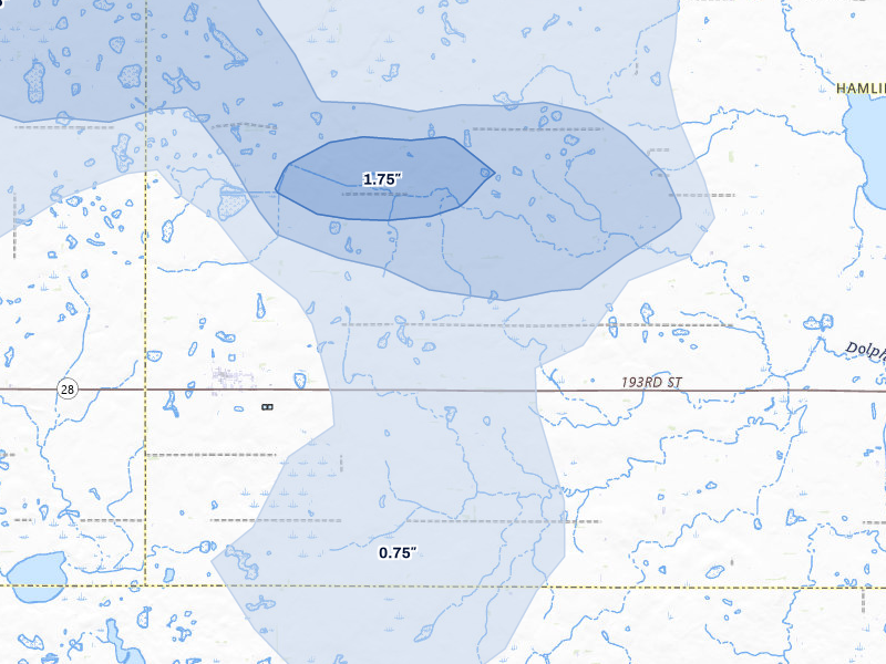 NEXRAD radar-signature map of the hail over Bryant, SD