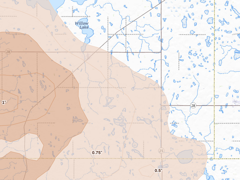 Radar-estimated hail-size map of the storm over Bryant, SD on Aug 24, 2026