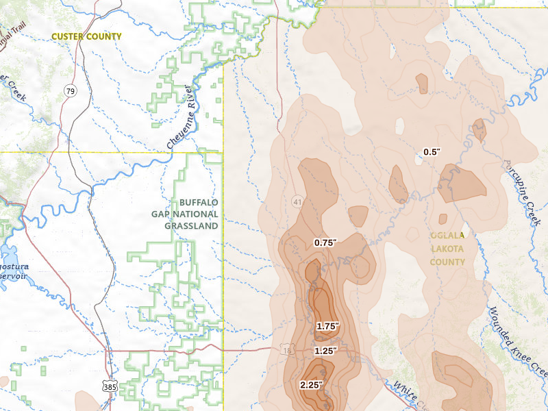 Radar-estimated hail-size map of the storm over Buffalo Gap, SD on May 30, 2026