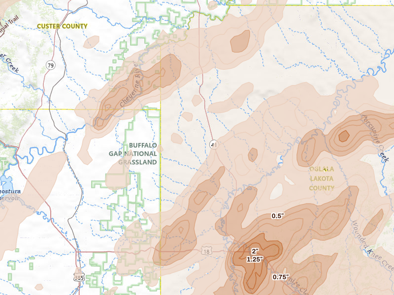 Radar-estimated hail-size map of the storm over Buffalo Gap, SD on Jun 2, 2026