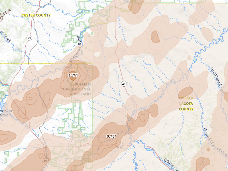 Radar-estimated hail-size map of the storm over Buffalo Gap, SD on Jun 27, 2026