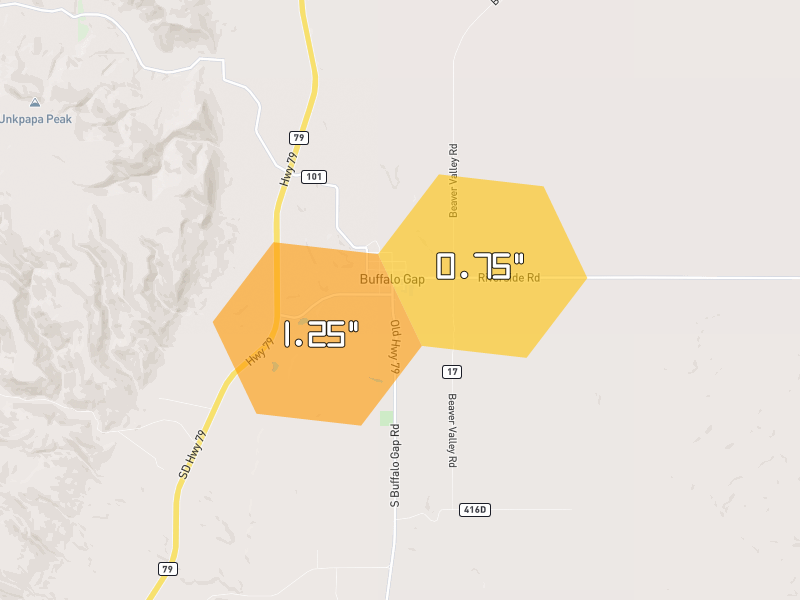 Hail map of Buffalo Gap, SD on Jul 3, 2026, hail up to 1.25"