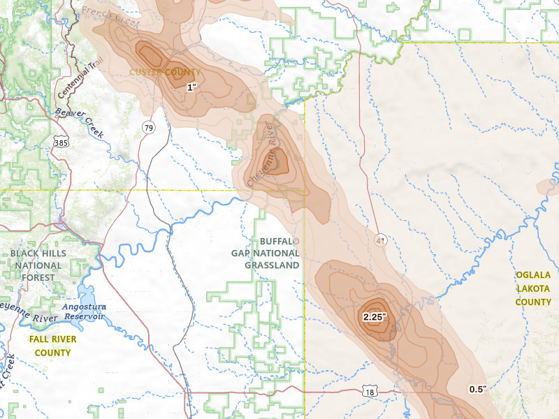Radar-estimated hail-size map of the storm over Buffalo Gap, SD on Aug 11, 2026