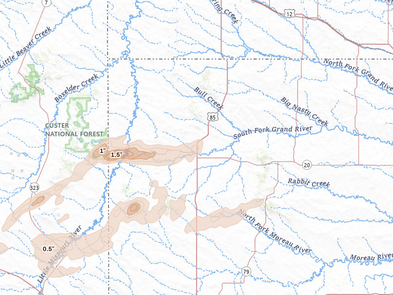 Radar-estimated hail-size map of the storm over Buffalo, SD on Apr 13, 2026
