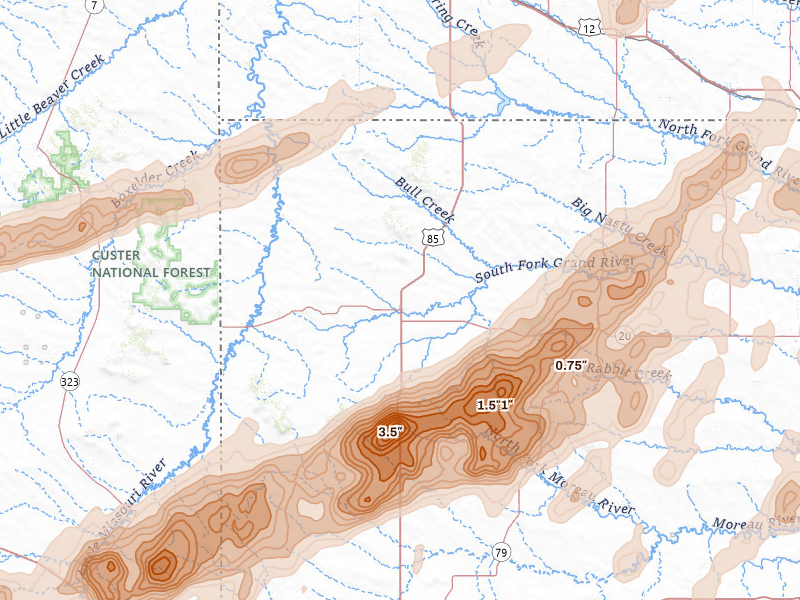 Radar-estimated hail-size map of the storm over Buffalo, SD on Jun 7, 2026