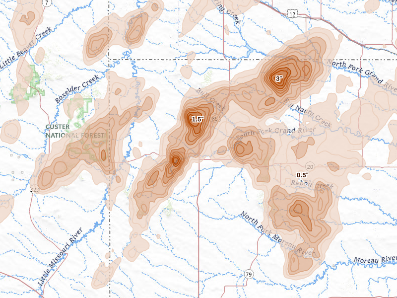 Radar-estimated hail-size map of the storm over Buffalo, SD on Jun 27, 2026