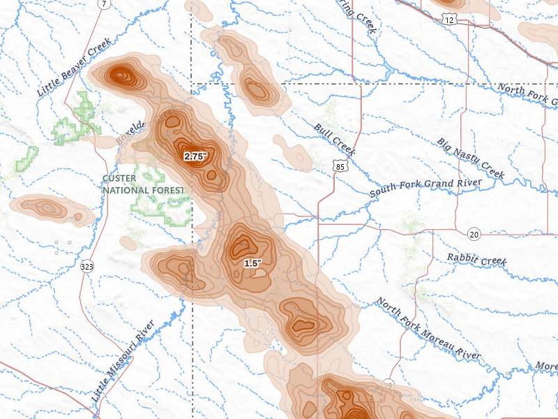 Radar-estimated hail-size map of the storm over Buffalo, SD on Aug 11, 2026