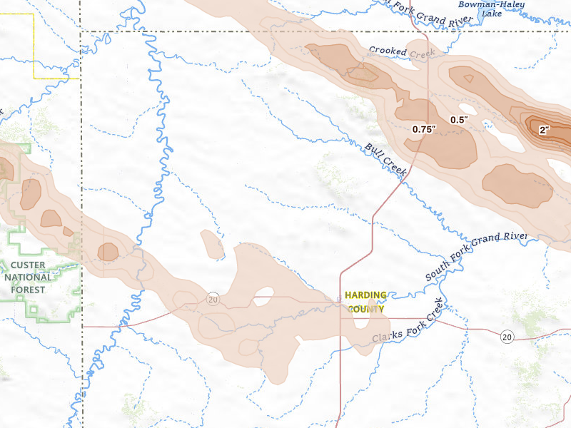 Radar-estimated hail-size map of the storm over Buffalo, SD on Aug 17, 2026