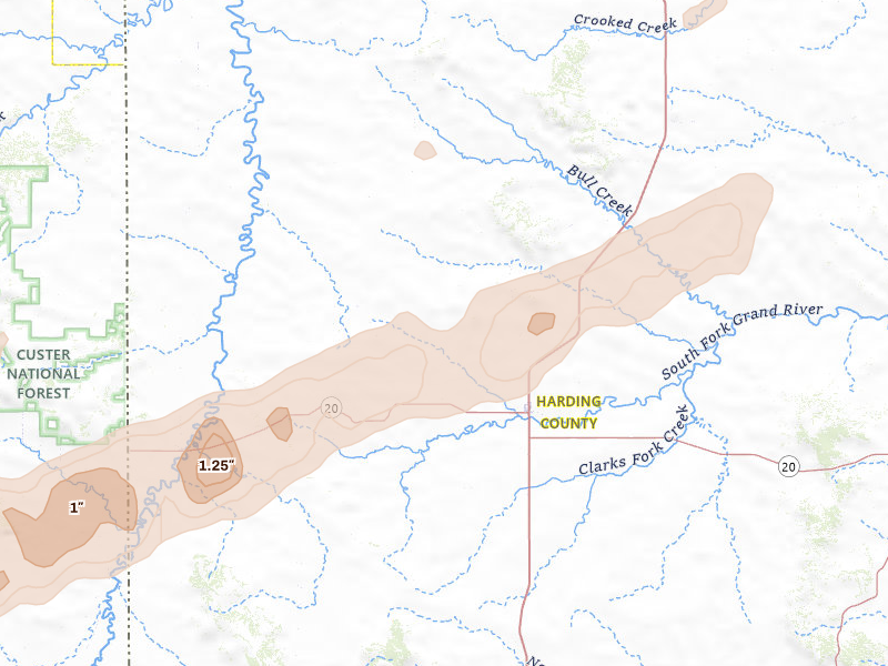 Radar-estimated hail-size map of the storm over Buffalo, SD on Aug 30, 2026