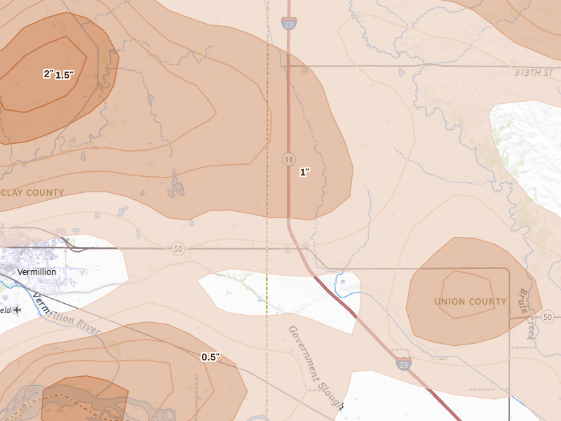 Radar-estimated hail-size map of the storm over Burbank, SD on May 31, 2026