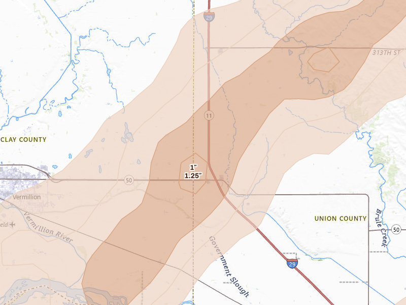 Radar-estimated hail-size map of the storm over Burbank, SD on Jun 29, 2026