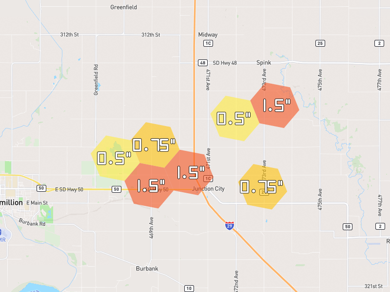 Hail map of Burbank, SD on Jun 30, 2026, hail up to 1.5"