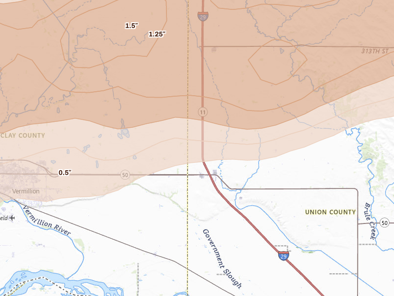 Radar-estimated hail-size map of the storm over Burbank, SD on Sep 1, 2026