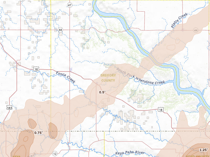 Radar-estimated hail-size map of the storm over Burke, SD on May 17, 2026