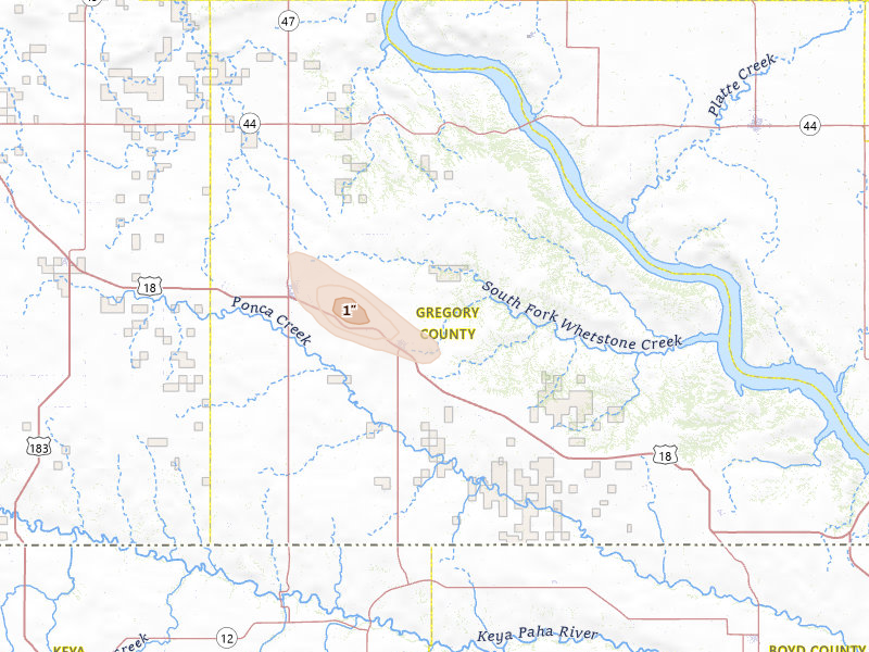 Radar-estimated hail-size map of the storm over Burke, SD on May 24, 2026