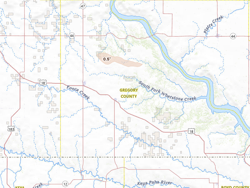 Radar-estimated hail-size map of the storm over Burke, SD on Jun 22, 2026