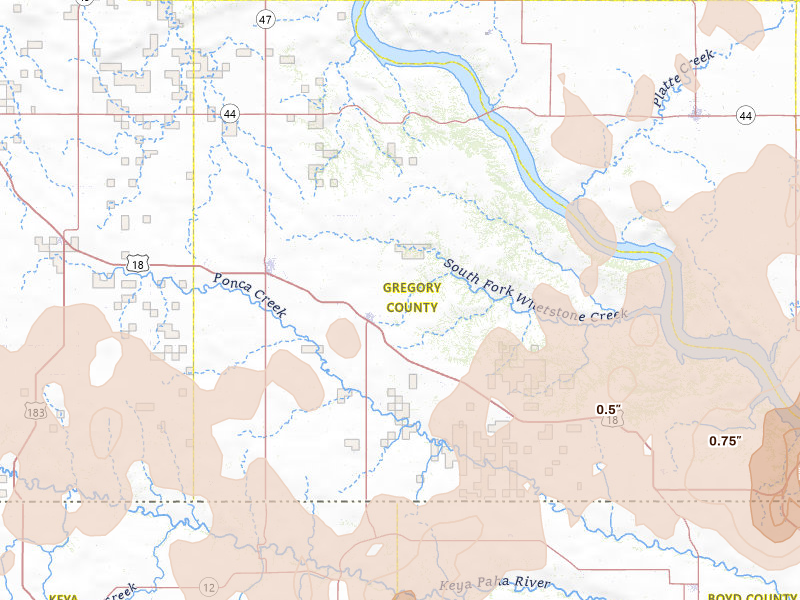 Radar-estimated hail-size map of the storm over Burke, SD on Jun 27, 2026
