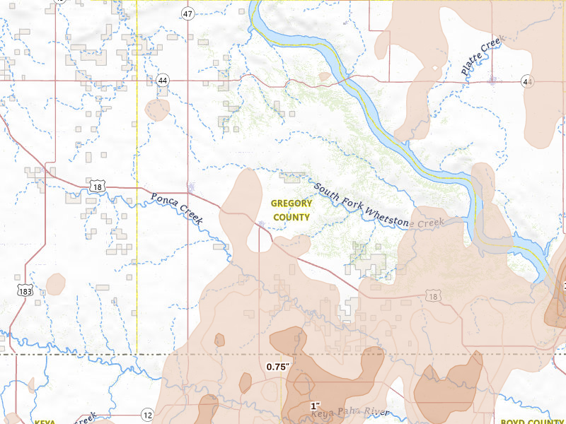 Radar-estimated hail-size map of the storm over Burke, SD on Jun 30, 2026