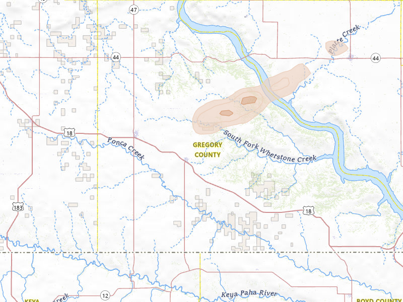 Radar-estimated hail-size map of the storm over Burke, SD on Jul 6, 2026