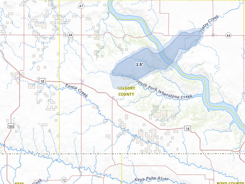 NEXRAD radar-signature map of the hail storm over Burke, SD on Jul 6, 2026