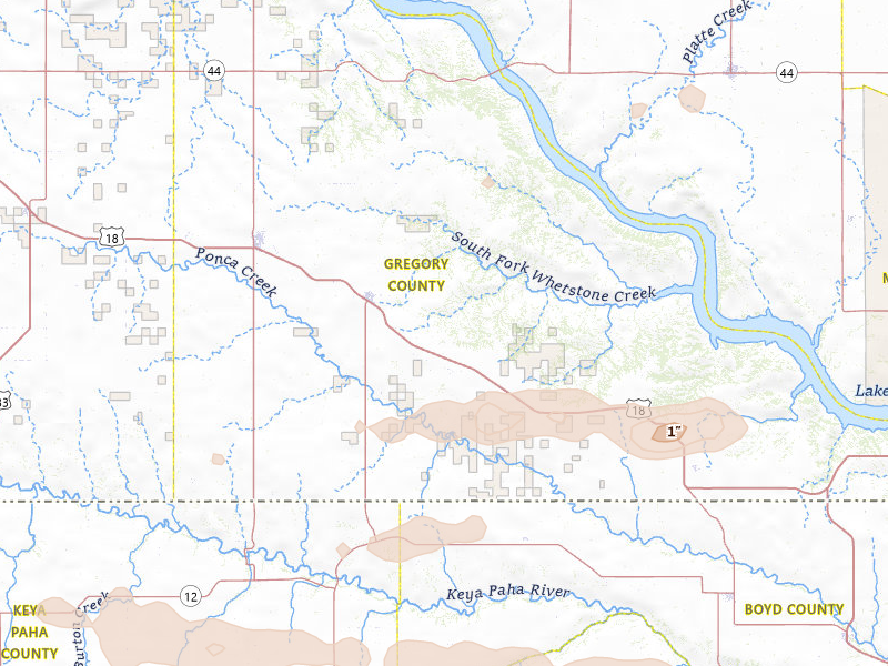 Radar-estimated hail-size map of the storm over Burke, SD on Aug 3, 2026